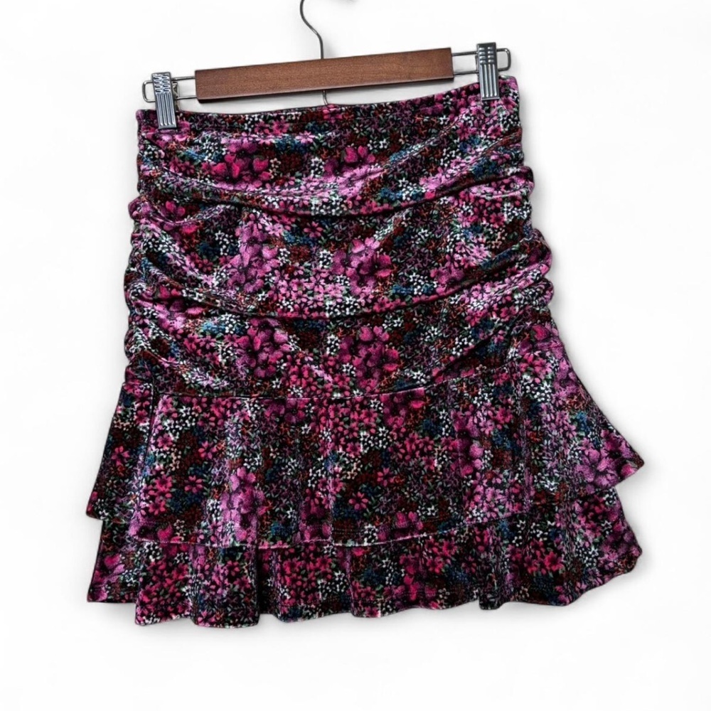 SO Velvet Floral Ruched Mini Skirt With Ruffles Size Medium